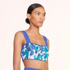 STAUD Zola Leaf Print Crop Top Women XL Blue Knit Sleeveless Square Neck Summer